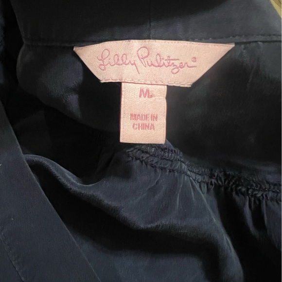 Lilly Pulitzer Raleigh navy blue 100% silk button down tank top with neck tie - Picture 8 of 11